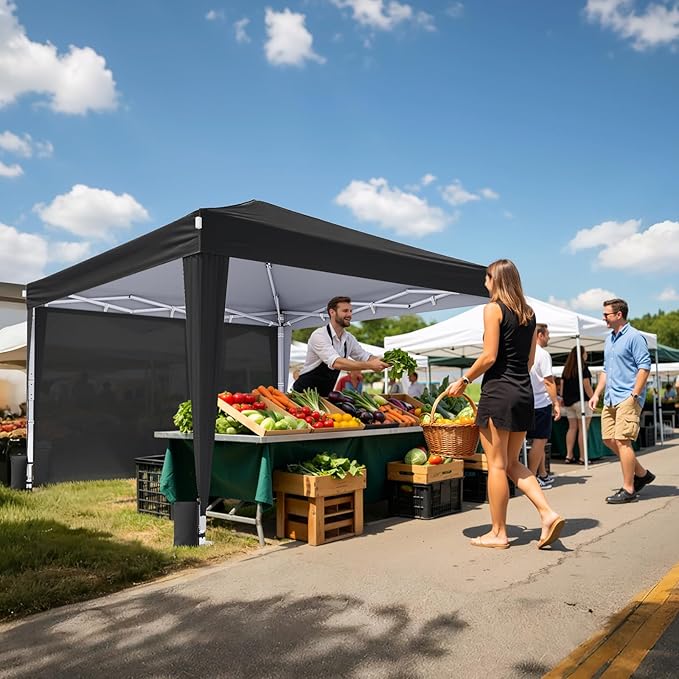 10x10 Pop Up Canopy with Sidewalls, Instant Portable Canopy Tent with Carry Bag for Commercial Events, Camping, Parties - Black