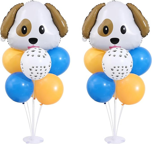 Dog Emoticon Balloon Table Centerpiece Stand Kit 2 Sets for Table with 2 PCS Dog Head Foil Balloons, 14 PCS Paw Print Yellow Blue Latex Balloons for Puppy Birthday, Doggy Party Decorations Supplies