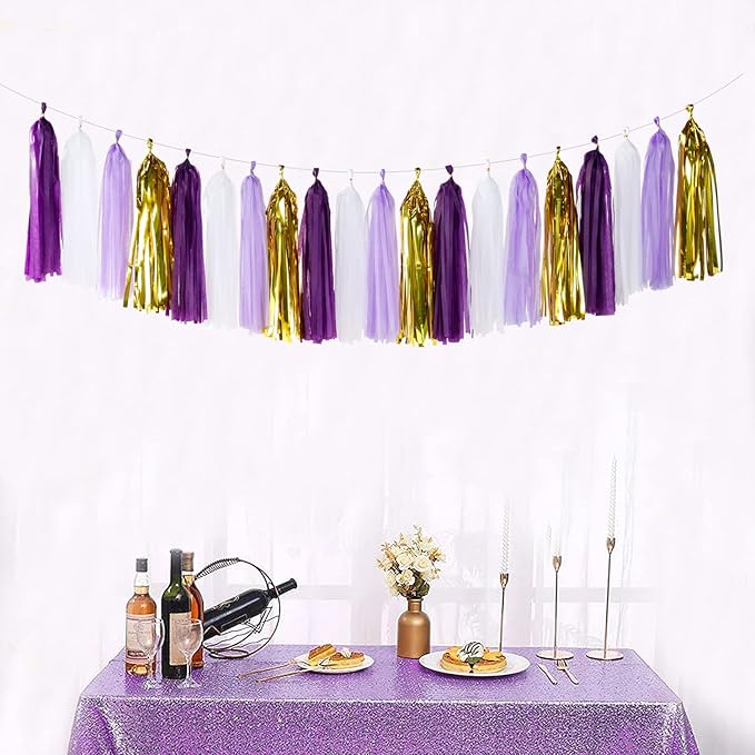 Purple-Gold Party Decoration Tassel Garland - 20pcs Lavender White Gold Birthday Party Supplies Tassels Banner Women Girls Wedding Engagement Bachelorette Graduation Decorations