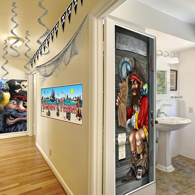 Beistle Plastic Pirate Captain Restroom Door Covers, 5' x 30", Set of 2 - Novelty Bathroom Party Decorations, Funny Nautical Ship Deck for Themed Events & Parties