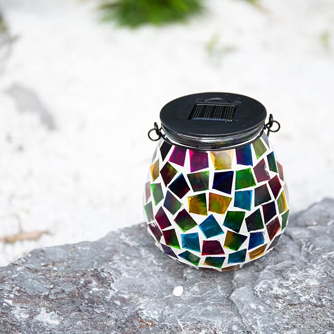 Afirst Mosaic Solar Lanterns Outdoor - Glass Hanging Solar Lights Hollow Out Waterproof Table Lamp Outdoor Decorative for Garden, Patio, Holiday Party Outdoor Decoration