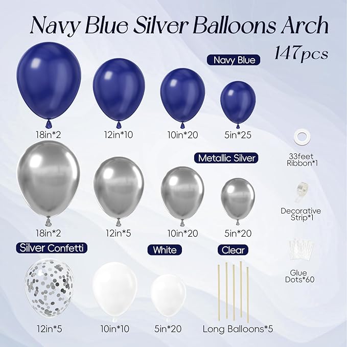 147pcs Navy Blue and Silver Balloon Garland Arch Kit, 18 12 10 5 inch Royal Blue Metallic Silver White Balloons for Birthday Baby Shower Bachelorette Wedding Graduation Party Decorations