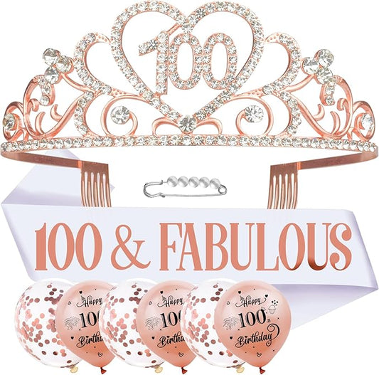 100th Birthday Tiara and Sash Kit - 100 & FABULOUS White Sash and Rose Gold Rhinestone Crown for Women Party Supplies