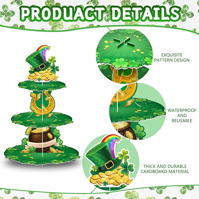 3 Tier St. Patrick's Day Cupcake Stand Shamrock Cardboard Display Stand Green Irish Cupcake Holder for St. Patrick's Day Party Decorations