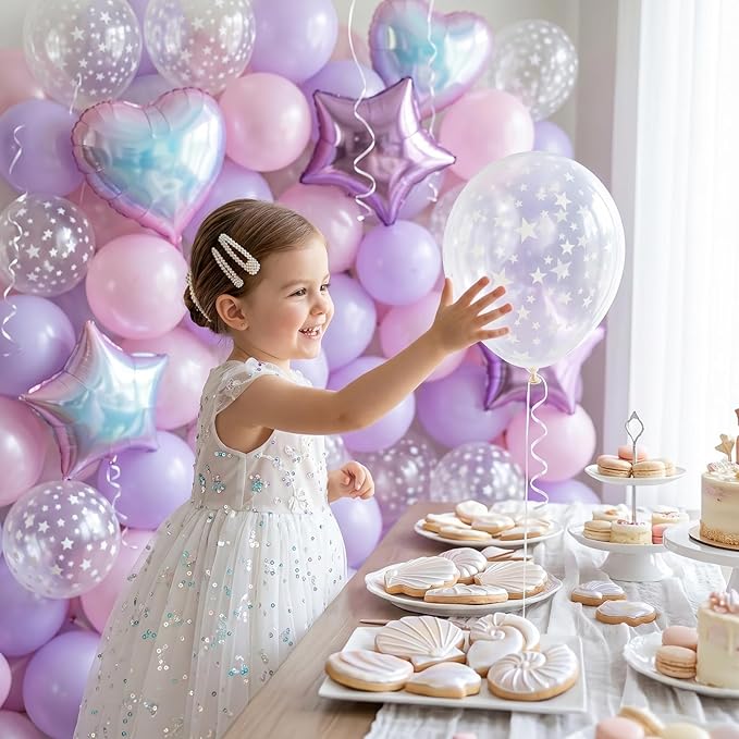 Pink and Purple Balloons, Pastel Pale Pink Light Purple Lilac Transparent Star Latex Balloon With Iridescent Heart Lavender Star Foil Balloons for Kpop Birthday Party Baby Shower Princess Decorations