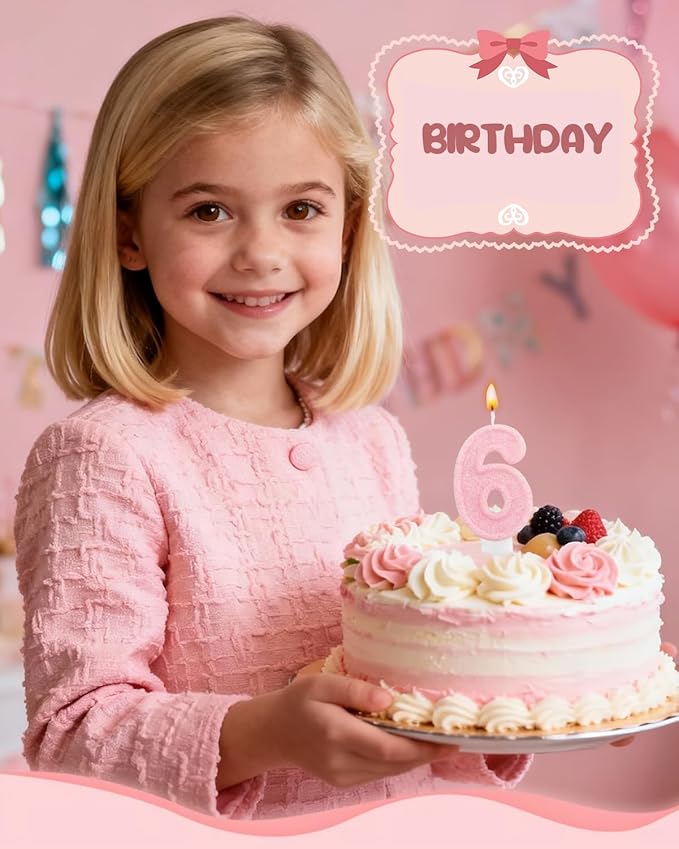 Birthday Candles for Cake, Pink Number Candles, Cake Candles with Greeting Card for Birthday Party Wedding Anniversary Celebrations (Bright Pink 6 Candle)