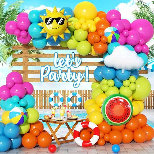 Tropical Summer Beach Pool Party Balloon Garland Arch Kit 168Pcs with Beach Ball Pineapple Watermelon Sun Foil Balloons for Birthday Hawaiian Luau Pool Beach Party Coconut Party Decor