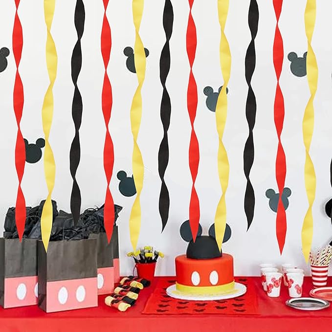 BEISHIDA 6 Rolls Red Yellow and Black Crepe Paper Streamers for Mouse Theme Graduation Halloween Birthday Party Decorations Decor DIY Craft Paper (1.8 Inch x 82 Ft/Roll)