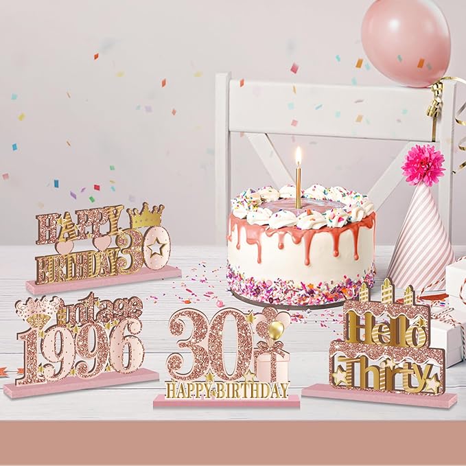 4 Pieces 30th Birthday Decorations Wooden Vintage 1996 Table Centerpieces for Women, Pink Rose Gold Cheers to 30 Years Table Sign Party Supplies, Hello 30 Years Old Bday Table Decor