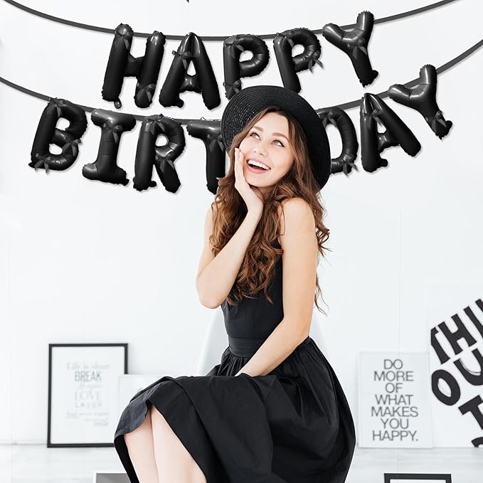 Black Happy Birthday Balloons Banner with Bowknot 16 Inch Mylar Foil Letters Birthday Sign Banners for Girls Boys Kids & Adults Birthday Decorations Halloween Party Supplies