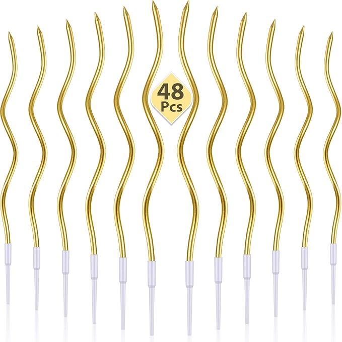 48 Pieces Twisty Birthday Spiral Cake Candles with Holders Long Thin Curly Coil Metallic Cake Cupcake Candles for Birthday Wedding Party Decoration(Metallic Gold)