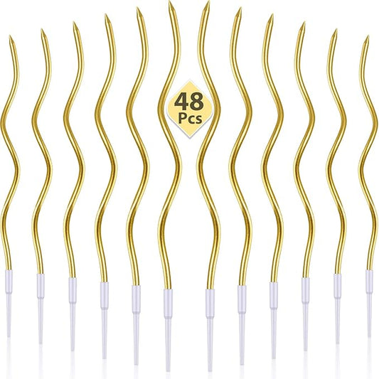48 Pieces Twisty Birthday Spiral Cake Candles with Holders Long Thin Curly Coil Metallic Cake Cupcake Candles for Birthday Wedding Party Decoration(Metallic Gold)