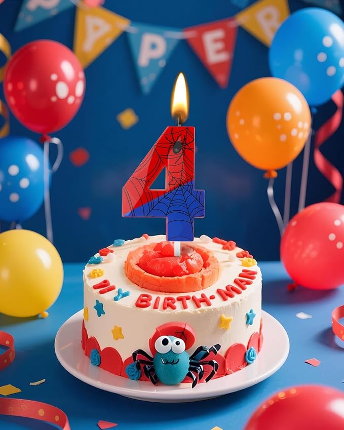 Number 4 Spider Themed Birthday Candle, 2.68 Inch Red Blue Spider Birthday Candles, Number Candles Birthday Cake Toppers Web Candles for Boy Girl Spider Party Decoration Supplies Halloween Party