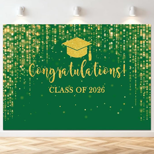 Mocsicka Class of 2026 Backdrop Green Gold Glitter Bokeh Graduation Party Background 2026 Congrats Grad Prom Party Cake Table Decoration Photo Booth Props (8x6ft)