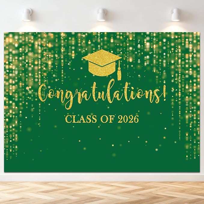 Mocsicka Class of 2026 Backdrop Green Gold Glitter Bokeh Graduation Party Background 2026 Congrats Grad Prom Party Cake Table Decoration Photo Booth Props (10x7ft)