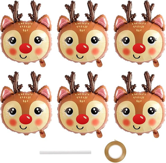 6 Pcs Reindeer Balloons, 21 x 26 Inch Reindeer Head Foil Balloons, Christmas Deer Balloon for Christmas Winter-Themed Birthday Parties Festival Decoration