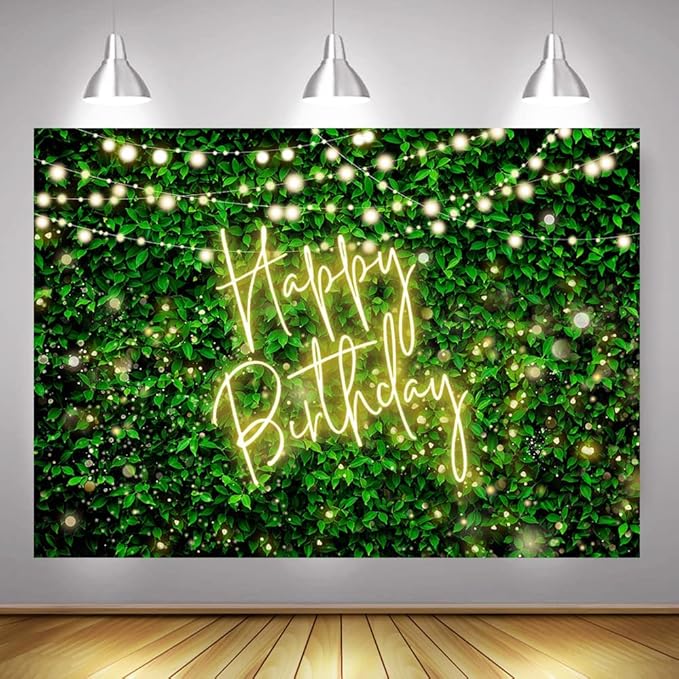 Mocsicka Green Leaves Happy Birthday Backdrop Jungle Safari Party Backdrops Birthday Decorations Nature Green Rustic Lawn Leaves Photography Background Photo Studio Props (Yellow, 7x5ft (82x60 inch))
