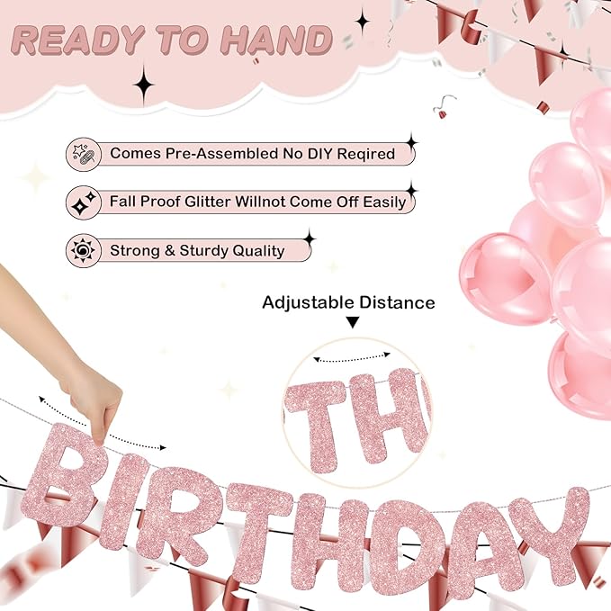 Fulmoon Glitter Pre Strung Happy Birthday Banner No DIY Party Decorations Happy Birthday Sign Decor for Men Women Boy Girls Backdrop(Rose Gold)
