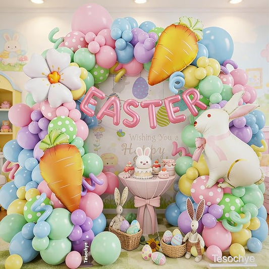 Easter Balloon Garlan Arch Kit with Bunny, Carrot, Daisy Foil Balloons,Pastel Balloon Garland Kit,Dot Printed Balloons for Easter Party Decorations Spring Birthday Decorations