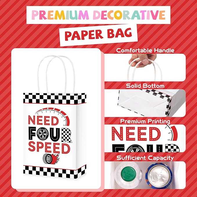 Grencian 16Pcs Need Four Speed Birthday Party Favor Bags Race Car Theme 4th Candy Treat Gift Goodie Bags with Handles Racing Car 4th Birthday Decorations for Kids Boys 4 Year Old Party Favors Supplies