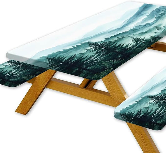 JAWO Green Forest Picnic Table Cover - Fitted Tablecloth with Elastic Edge,Camping Design for Outdoor Camping, BBQ Decor, 72x30 Inch