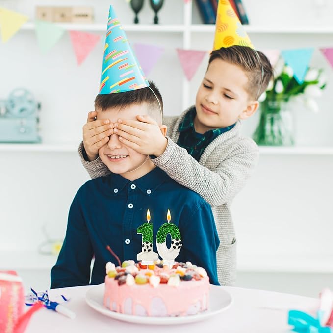 Birthday Candles，Soccer Birthday Decorations，Soccer Cake Topper,for Girl and boy Cake Toppers, Wedding Cakes, Anniversaries, Party Celebrations, Birthday Decorations (Green White, Number 10)