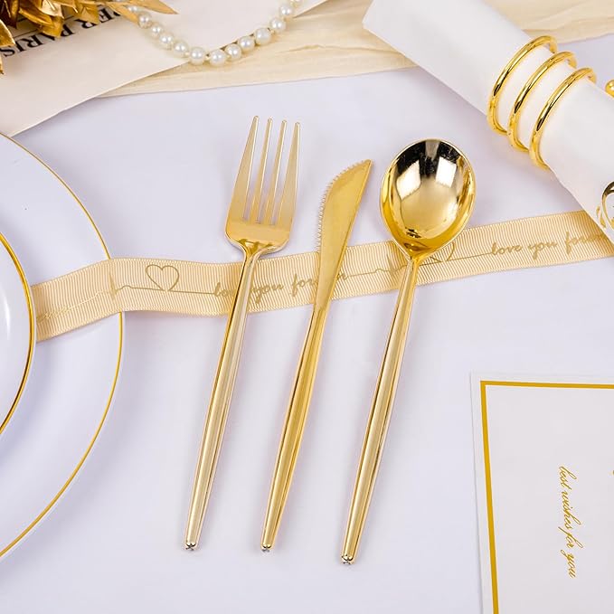 MirthMood 350Pcs White and Gold Dinnerware Set,Plastic plates Includes:50 Dinner Plates, 50 Dessert Plates, 150 Gold Plastic Cutlery,50 Paper Towels & 50 Cups for Party&Wedding
