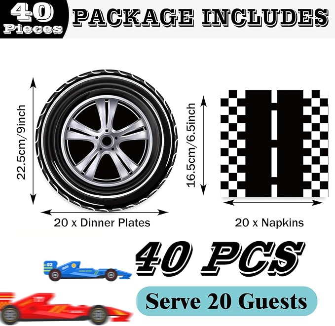 40 Pcs Race Car Party Plates and Napkins Set-9 inch Race Car Paper Dinner Plates Birthday Party Decorations Disposable Tableware Set for Kids Boys Birthday Baby Shower Serves 20