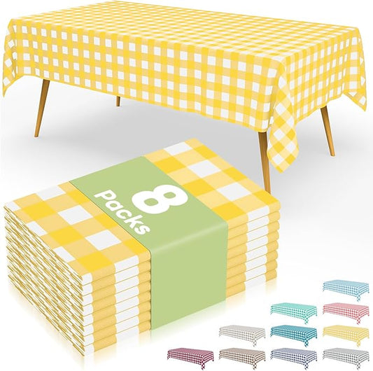 Smiry 8 Packs Gingham Disposable Table Cloth, 54 x 108 Inch Waterproof Plastic Tablecloth, Rectangle Yellow and White Checkered Table Covers for Picnic, Birthday, Party