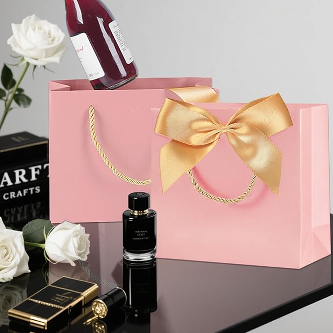 SHIPKEY 10PCS Pink Gift Bags, 11"x4"x8" Medium Welcome Bags, Luxury Shopping Bags with Ribbon Handle and Bows (28x10x20cm)