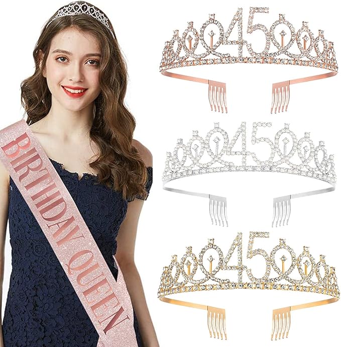 45th Birthday Sash and Tiara for Women, 45 & Fabulous Sash and Crown, 45th Birthday Decorations Gifts for Woman Queen Party Favors Supplies, Gold