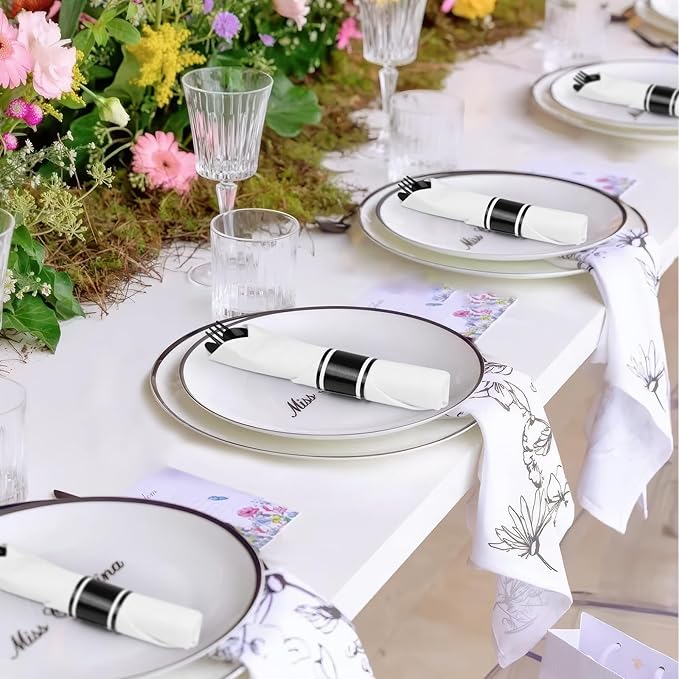 100 Pack Pre Rolled Disposable Utensils, Black Heavy Duty Cutlery Set Disposable Plastic Flatware, Including Forks, Knives, Spoons and Napkins for Parties, Weddings, Dinners & Events