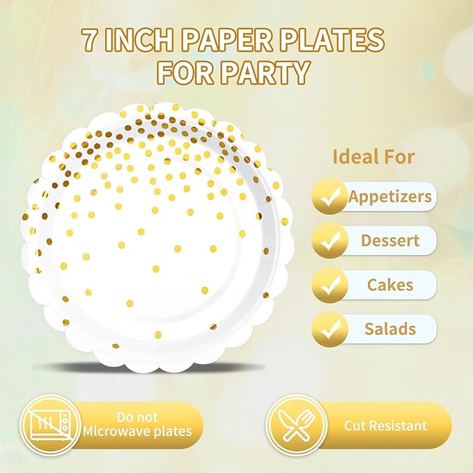 Gold Plates and Napkins Party Supplies, 35 7??White and Gold Party Paper Plates, Disposable Plate for Wedding Birthday Birthday Decoration Tableware