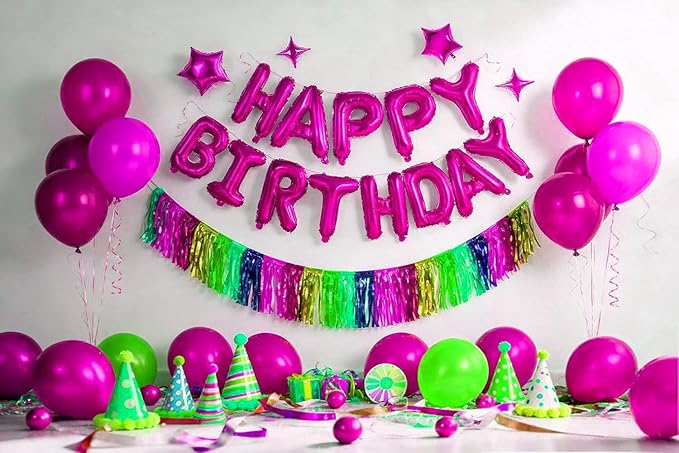 Hot Pink Happy Birthday Banner Balloon Aluminum Foil 16 Inch Letter,10 Inch Five Pointed Star Four Pointed Star Suitable for Kids, Men, Women, Boys and Girls Party Decoration Supplies