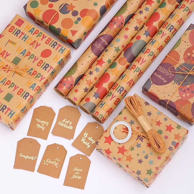 Birthday Wrapping Paper,Gift Wrapping Paper Roll,Kraft Wrapping Paper - 4 Roll 17 X 120 inch Per roll,Colorful Happy Birthday Pattern For Boys Girls Men Women, Perfect For Birthdays Party, Baby Shower
