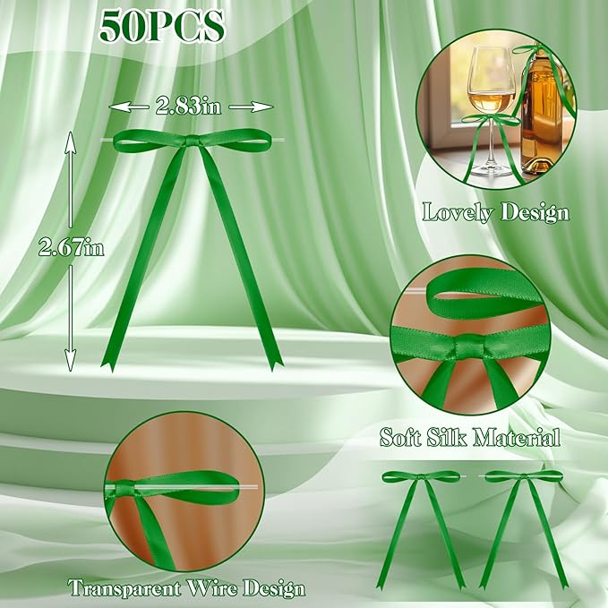 Satin Ribbon Bows 5x7 Inch Twist Tie Bows, Cute Green Bow Decor for Gift Wrapping, Cake Treat Bags, Craft DIY Gift, Party Favors Wedding Decorations (50 Pcs Set - Green)