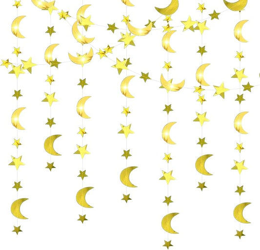 52 Inch Gold Moon Star Garland, 4Pcs Sparkly Crescent Moon & Star Decor for Ramadan Eid Mubarak, Baby Shower, Birthday Party, Wedding Decoration, Hanging Twinkle Banner Photo Booth Props