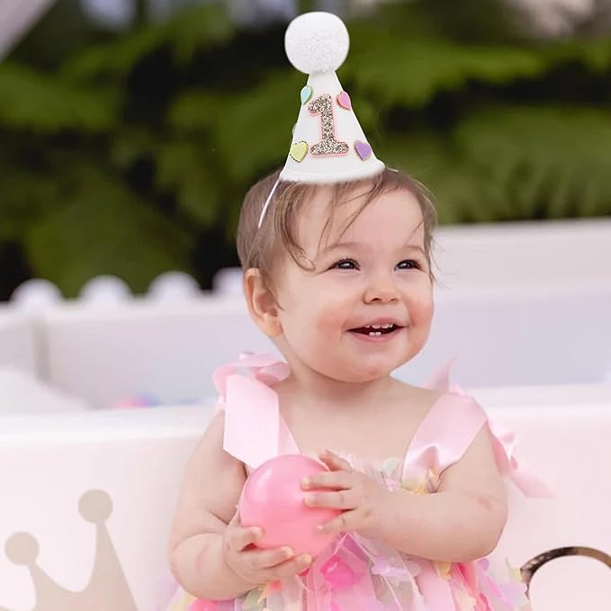 Sweet One Birthday Cone Hat - Colorful Heart 1st Party Decorations, Candy Hearts Party Crown, Cake Smash Photo Prop.