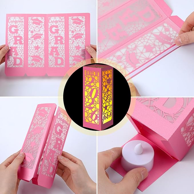Rossesay 12 Pcs Graduation Table Centerpieces Boxes Class of 2026 Graduation Lanterns for Centerpieces with LED Candles Congrats Grad School College Photo Props for Party Table Decoration (Pink)