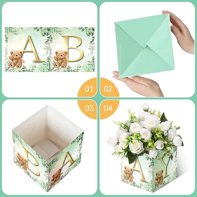Bucherry 6 Pcs Baby Shower Centerpieces with Letters, 7" Baby Blocks Flower Boxes for Table Decorations, Gender Reveal Party Supplies & Photo Props(Green,Green Bear)
