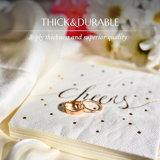 White and Gold Cocktail Napkins - Pack of 50 Disposable Bar Napkins - Wedding Baby Shower Birthday Graduation Dessert - 3 Ply - By Simple-Glee