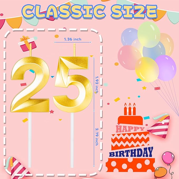 25th Birthday Candles for Cake,Gold Number Candles for Happy Birthday Cake Toppers,Birthday Decorations for Her Him Party Anniversary Wedding