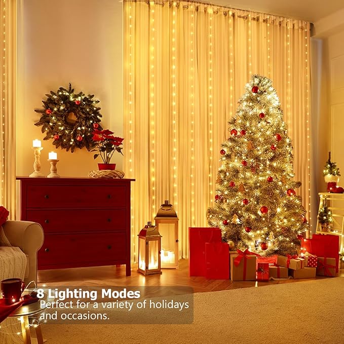 Curtain Lights 8ft x 6ft, 144 LED Warm White & Multi Twinkle Fairy String Lights Curtain Waterproof with Remote & Timer, USB Powered for Indoor Outdoor Wall Bedroom Backdrop Christmas Decor