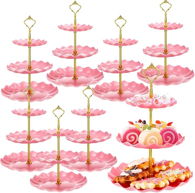 Patelai 8 Packs 3 Tier Cupcake Stand Holder Plastic Cake Serving Display Stand Tower Donuts Cookie Dessert Tray Holder Wave Shape with Gold Rod for Wedding Birthday Baby Shower Tea Party (Pink)