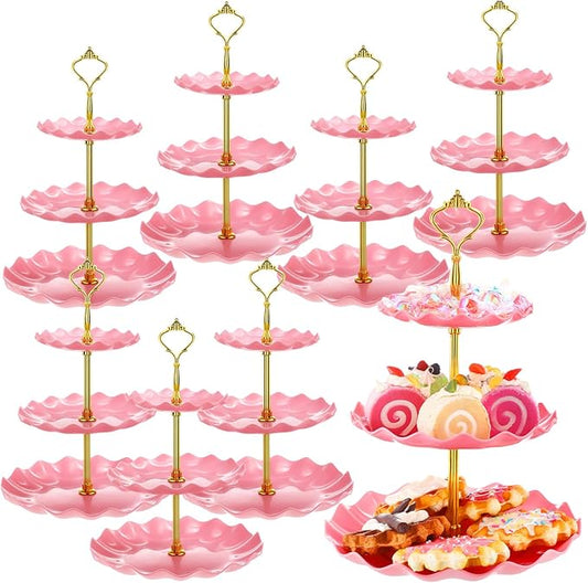 Patelai 8 Packs 3 Tier Cupcake Stand Holder Plastic Cake Serving Display Stand Tower Donuts Cookie Dessert Tray Holder Wave Shape with Gold Rod for Wedding Birthday Baby Shower Tea Party (Pink)