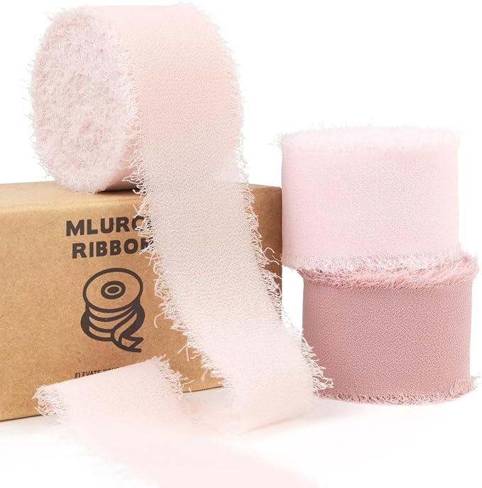 Pink Chiffon Ribbon 1 Inch x 21Yds Handmade Fringe Chiffon Silk Ribbon Dusty Rose/Blush/Pink Frayed Chiffon Ribbon for Wedding Invitation Flower Bouquets Gift Wrapping Bridal Shower Baby Shower