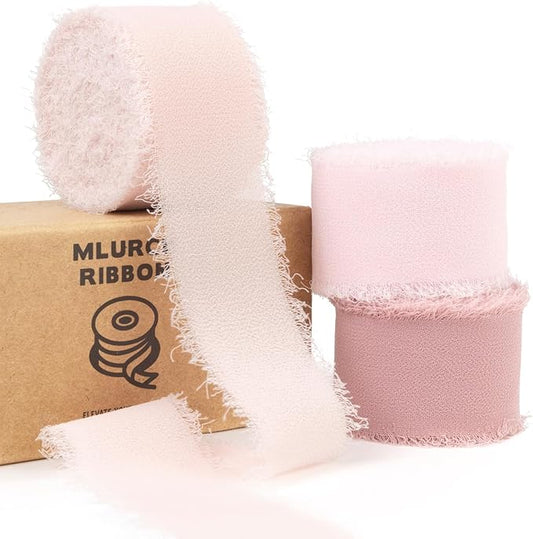 Pink Chiffon Ribbon 1 Inch x 21Yds Handmade Fringe Chiffon Silk Ribbon Dusty Rose/Blush/Pink Frayed Chiffon Ribbon for Wedding Invitation Flower Bouquets Gift Wrapping Bridal Shower Baby Shower