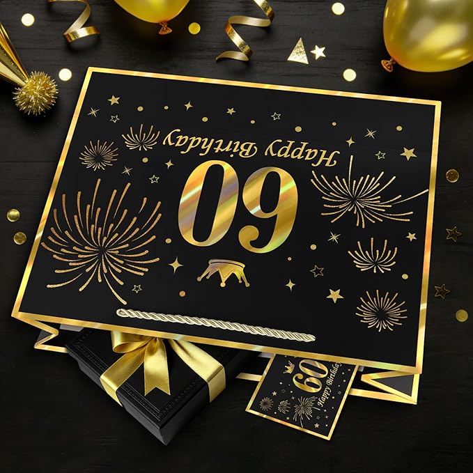JMANNI Black Gold 60th Birthday Gift Bag with Card and Tissue Paper, 12.6"×9.84"×3.9" Elegant Present Bag for Men Women, 60 Year Old Birthday Keepsake Party Supplies
