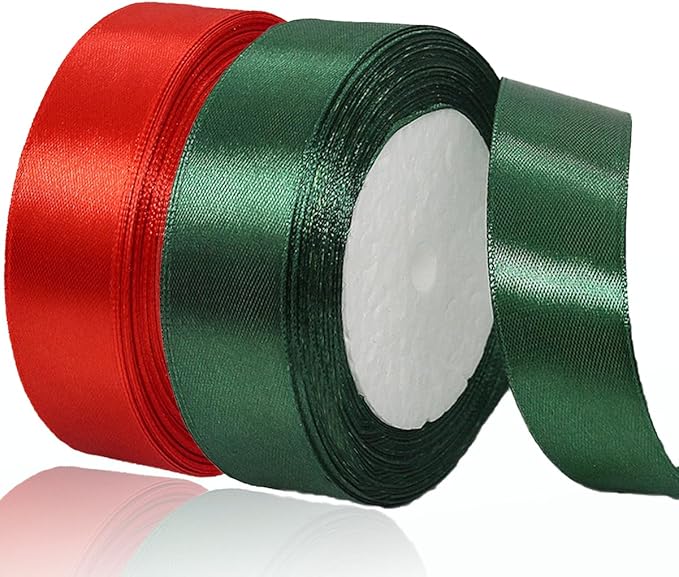 Red Christmas Ribbon, Dark Green Red Satin Ribbon 1 Inch 50 Yards Fabric Ribbons for Christmas Party Decorations, Gift Wrapping, Tree Ornaments, Bouquets, Door Wreaths, Bows Making and DIY Crafts