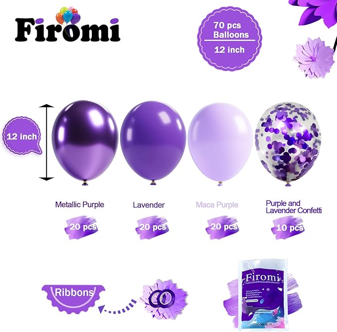 Firomi Metallic Purple Balloons Set 12-inch 70 Pack Chrome Purple and Premium Latex Lavender Lilac and Purple Confetti Balloons for Birthday Bridal Shower Wedding Party (with 2 Ribbons)